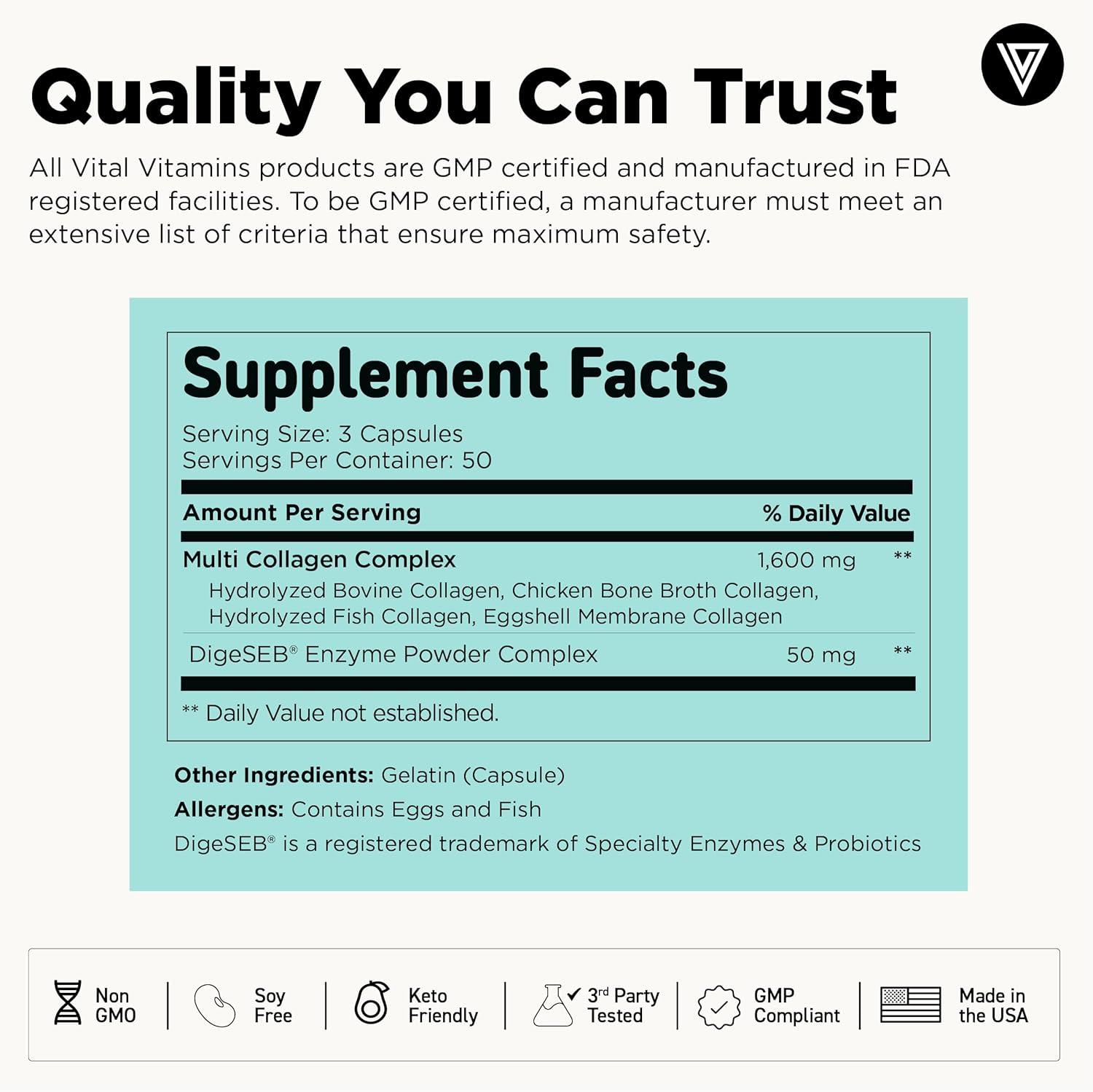 Best Collagen Supplements – Vital Vitamins Multi Collagen Peptides Capsules for Women & Men – Type I, II, III, V, X Collagen Supplements – Grass-Fed, Non-GMO – 150 Pills Review